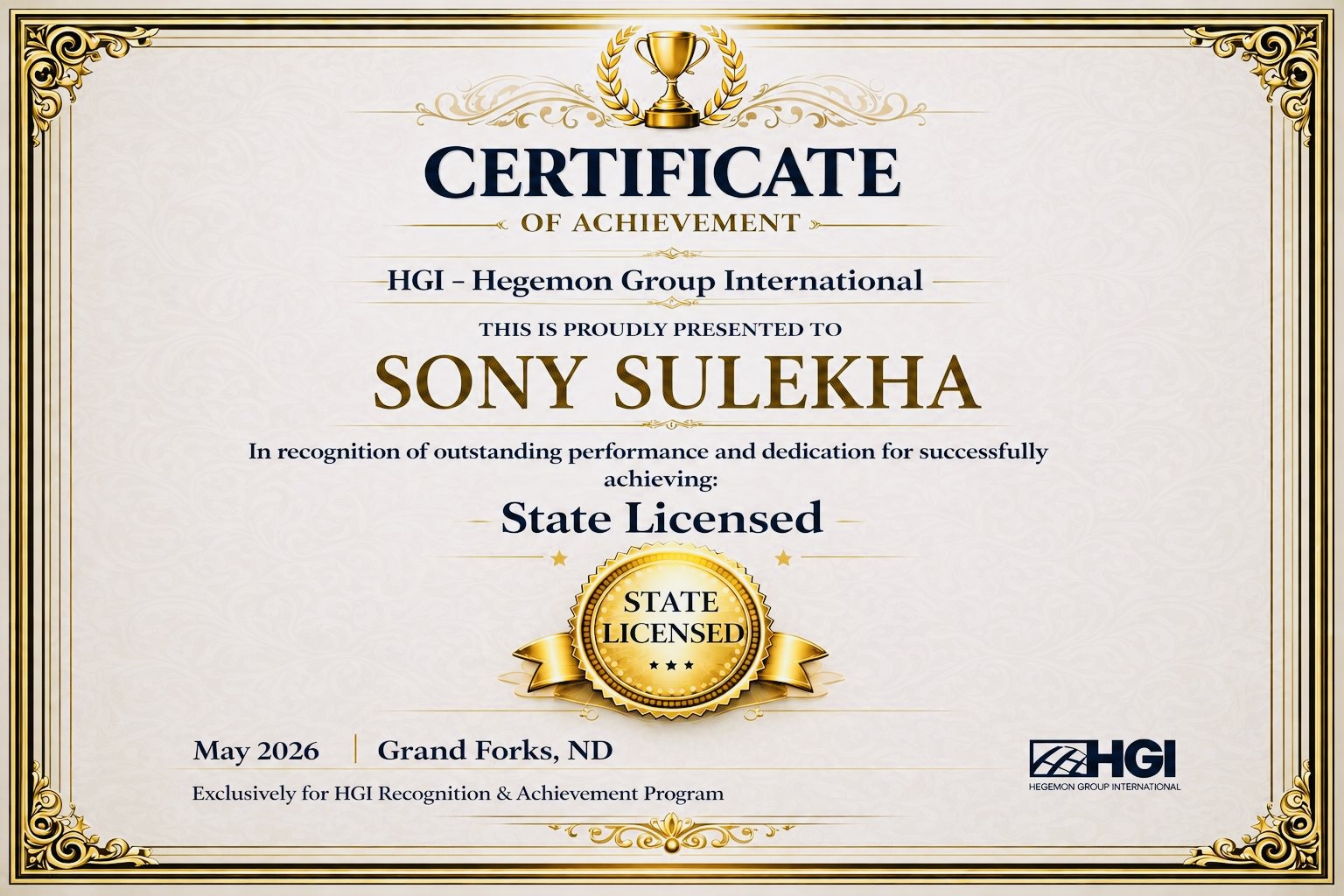 Sony V Sulekha — Licensed Financial Professional certificate